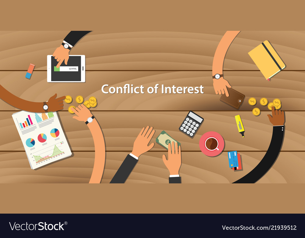 conflict of interest illustration team work together with hand on wooden table with money graph paper work gold coin